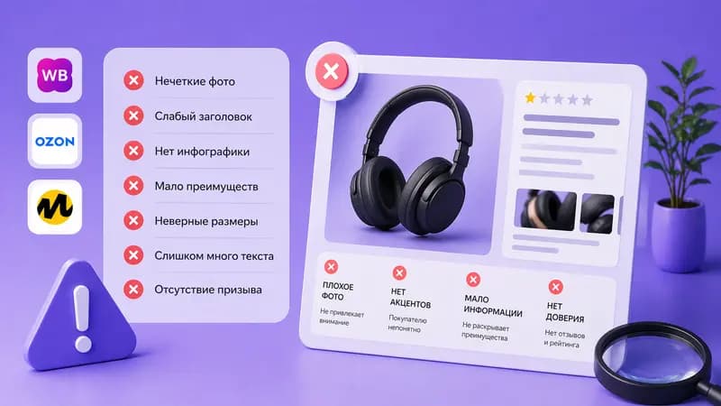 Обложка статьи о типичных ошибках в карточках товаров на маркетплейсах